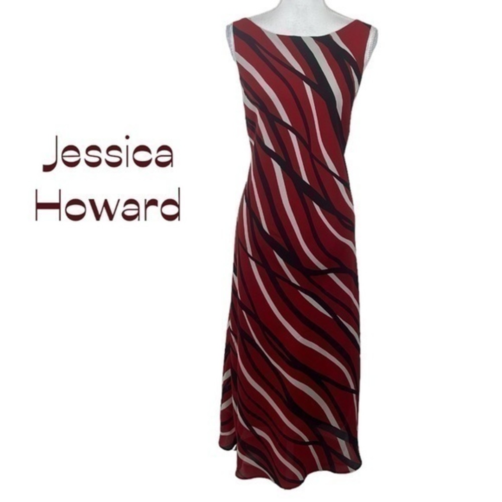 Jessica Howard Sheer Red, Black & Light Gray Print Party Event Maxi Dress